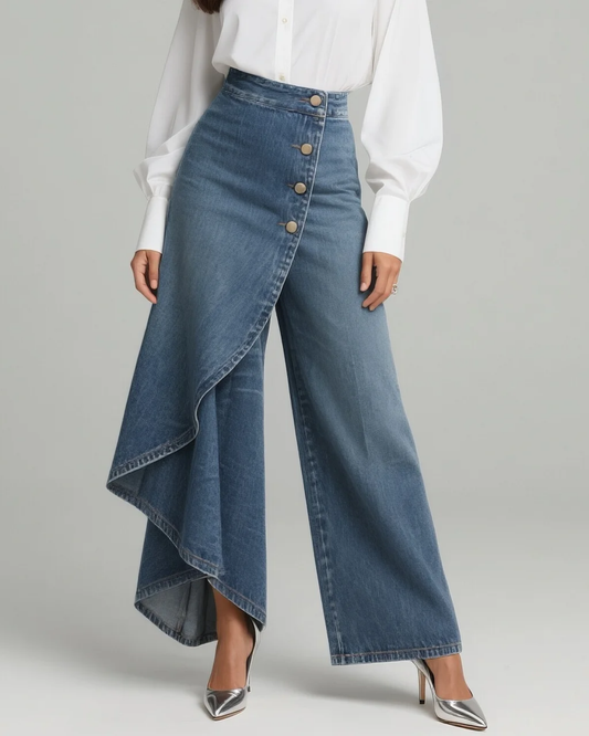 Pantalón vaquero azul de pierna ancha con panel cruzado asimétrico, botones frontales y bajo irregular, visto de frente con camisa blanca.
