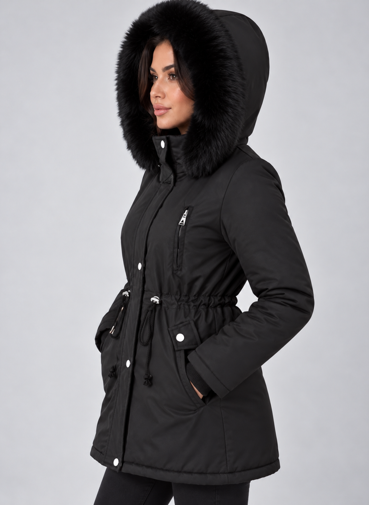 Vista lateral de la parka negra con la capucha puesta, cintura ceñida mediante cordones y manos en los bolsillos.