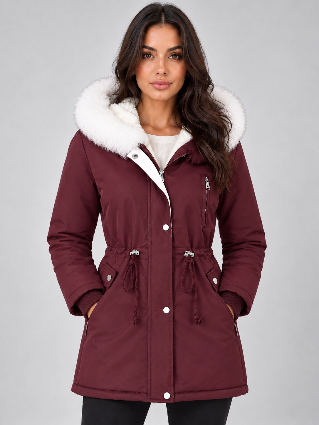 Parka de invierno color burdeos con capucha de pelo sintético blanco, cierre frontal, bolsillos y cintura ajustable.