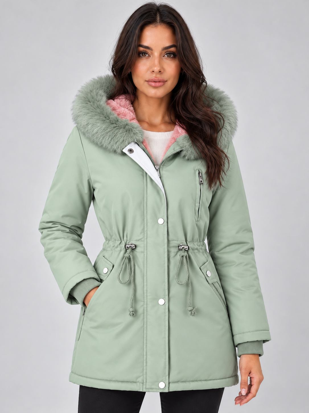 Parka de invierno color verde salvia con capucha de pelo sintético gris verdoso, bolsillos laterales y cintura ajustable.