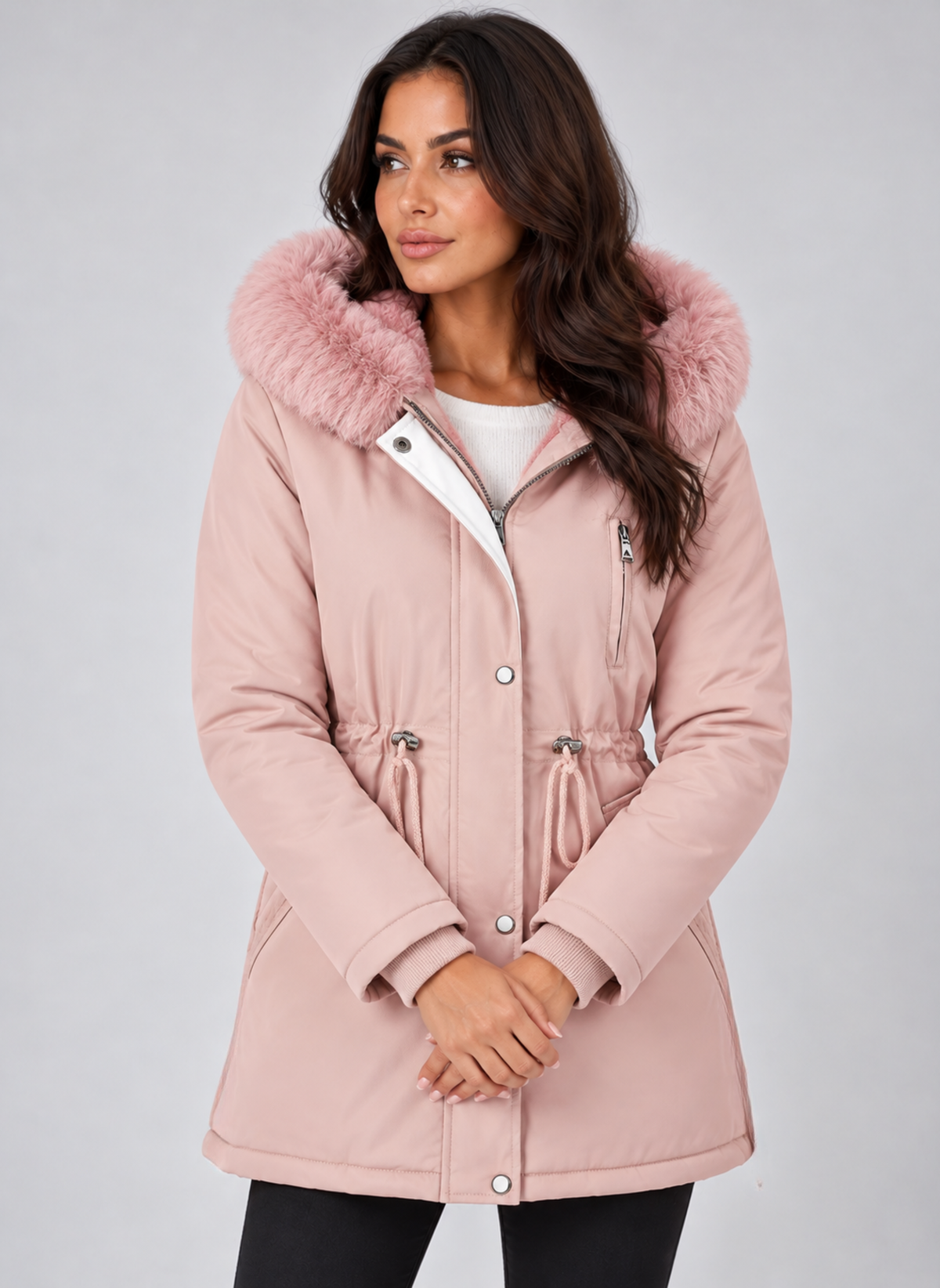 Parka de invierno color rosa claro con capucha de pelo sintético rosa, cierre frontal y largo que cubre la cadera.