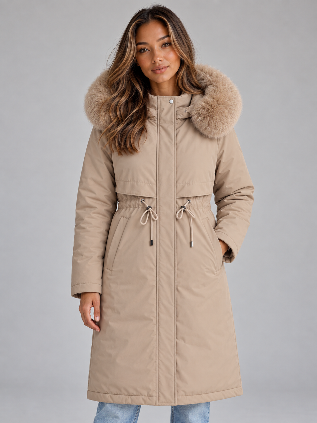 Parka larga color beige con capucha de ribete de pelo sintético, cierre frontal, cintura ajustable con cordones y bolsillos laterales.