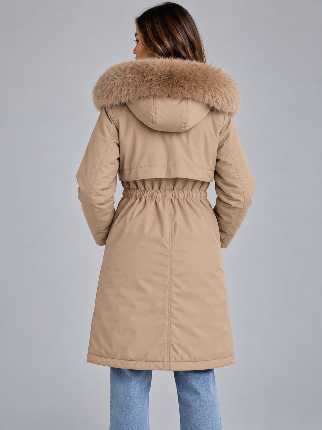 Vista posterior de la parka beige larga, con capucha ribeteada, cintura elástica ajustada y costura central en la espalda.