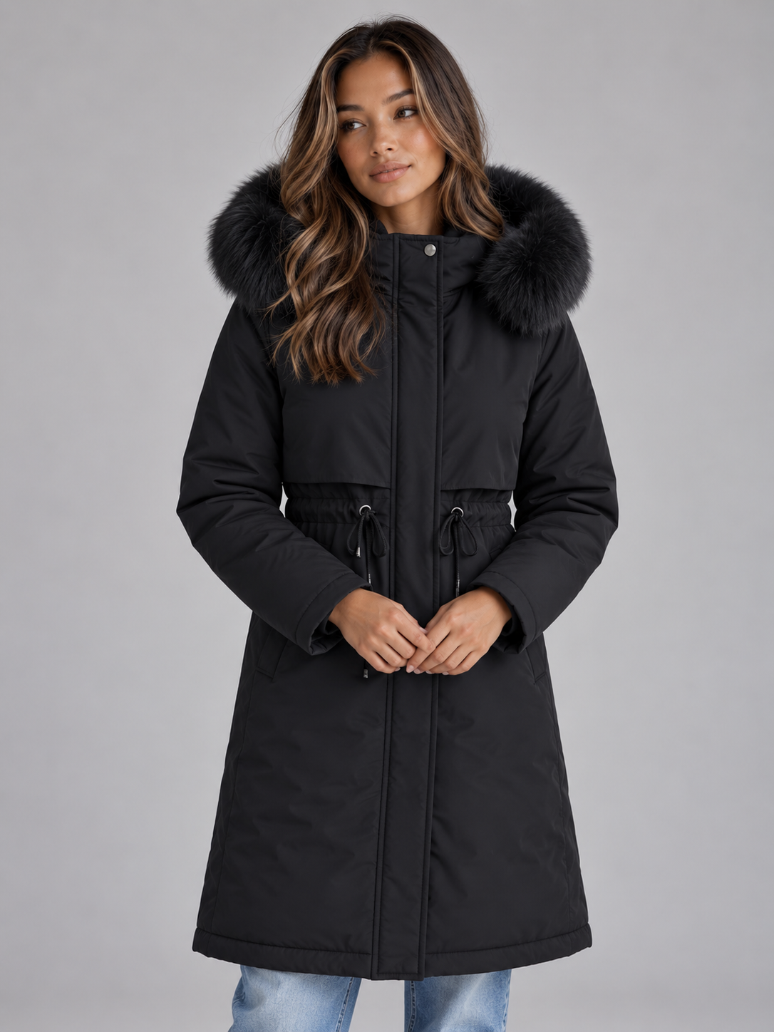 Parka larga negra con capucha de pelo sintético, cierre frontal cerrado, cintura ajustable y bolsillos laterales.