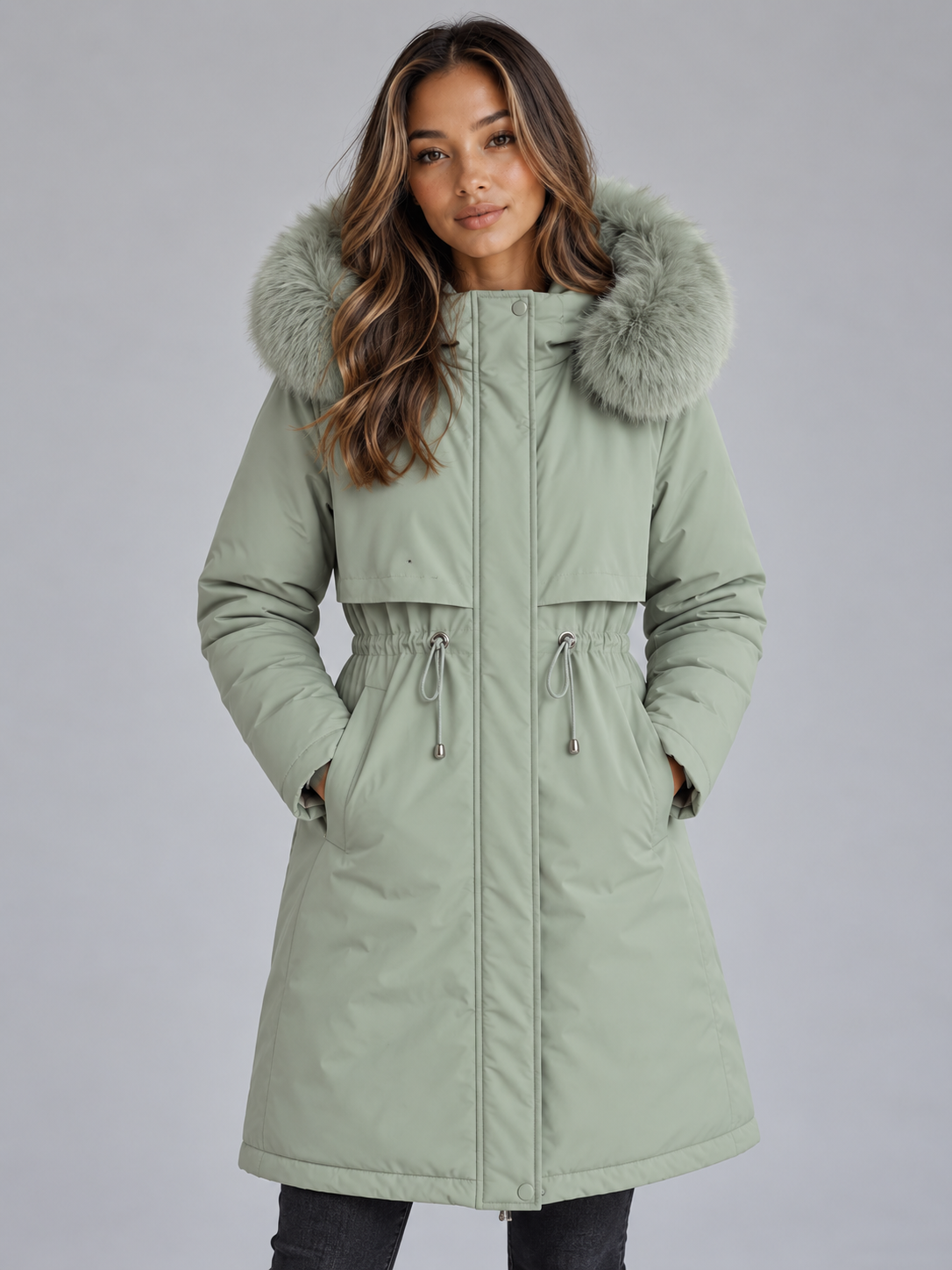 Parka larga verde claro con capucha de pelo sintético, cintura fruncida con cordones y bolsillos laterales integrados.