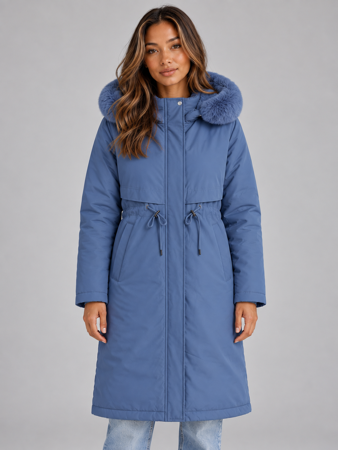 Parka larga azul con capucha de ribete de pelo sintético, cierre frontal completo, cintura ajustable y bolsillos laterales.