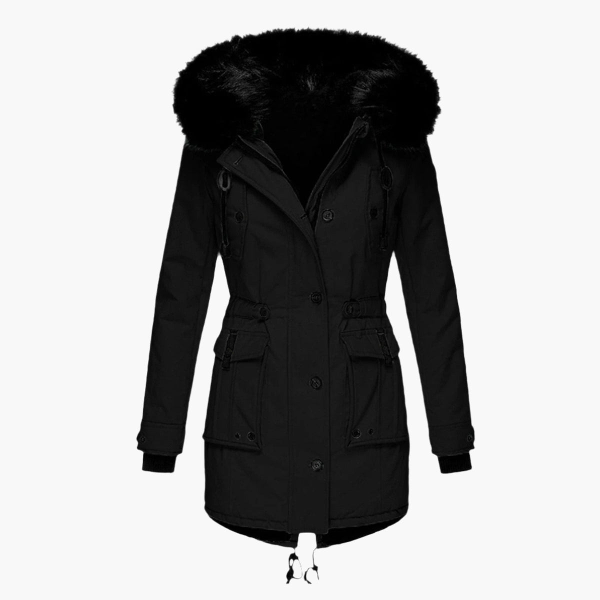 Parka larga negra con capucha de ribete voluminoso, cintura entallada, puños ajustados y bolsillos frontales.