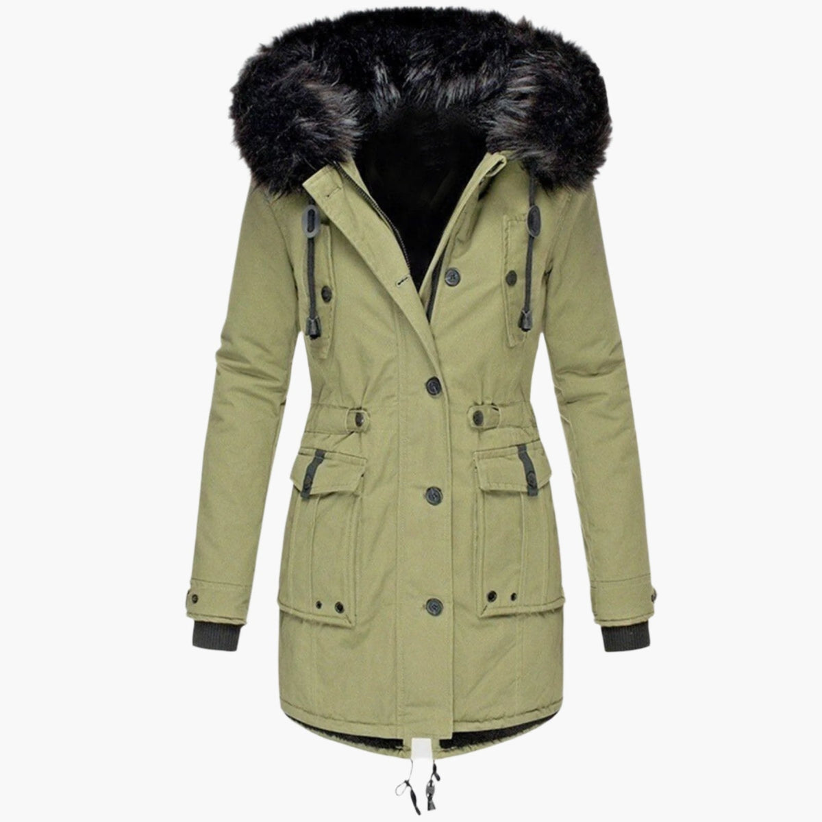 Parka larga verde oliva con capucha ribeteada en negro, cordones regulables, cierre de botones y bolsillos con solapa.