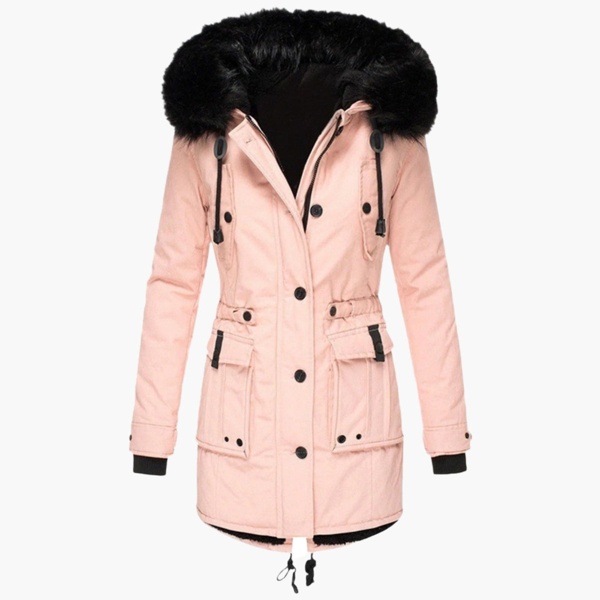 Parka larga rosa claro con capucha de ribete negro, cintura ajustable, cierre frontal y amplios bolsillos inferiores.