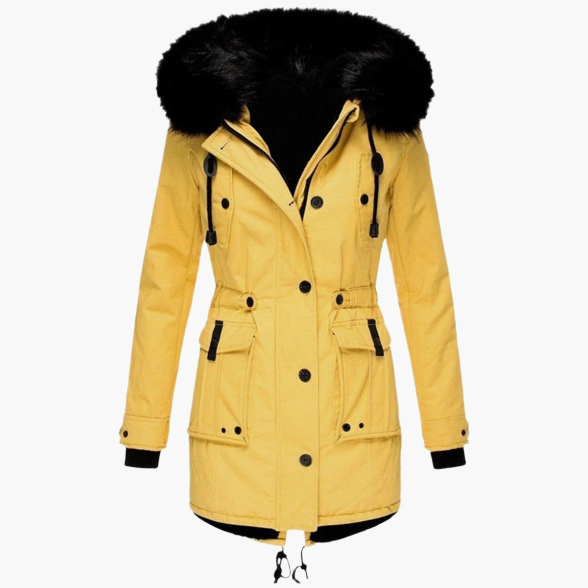 Parka larga amarilla de tono más claro, con capucha ribeteada en negro, cintura definida y bolsillos frontales.
