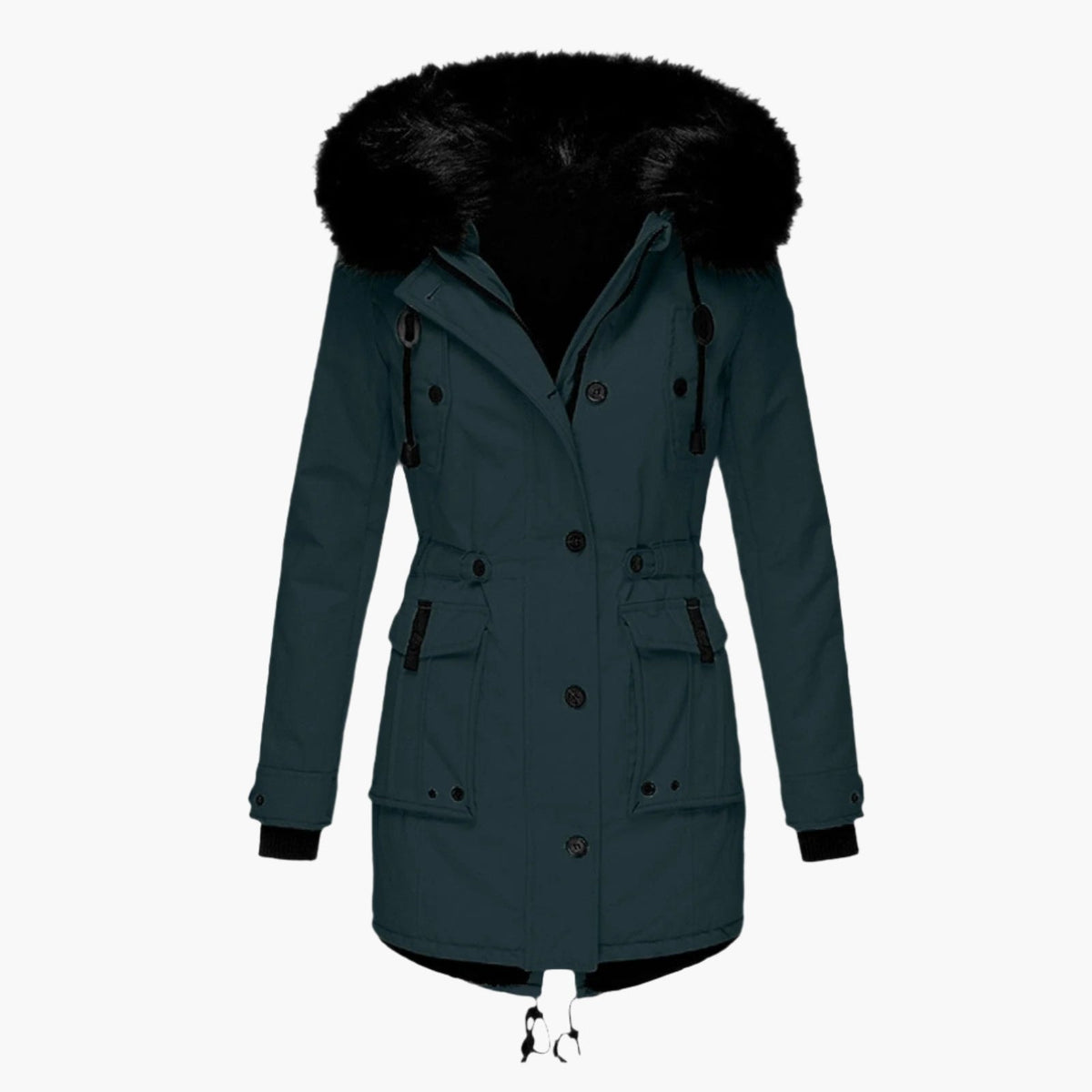 Parka larga azul marino con capucha de ribete negro, cierre frontal de botones, cintura ajustable y bolsillos laterales.