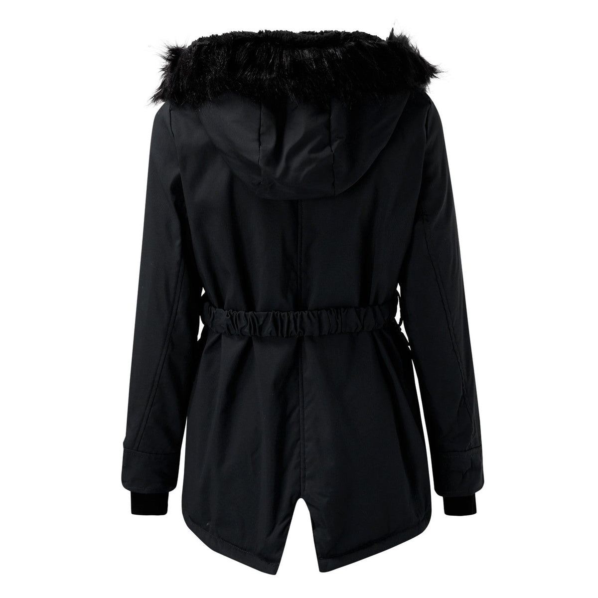 Vista posterior de una parka larga negra con capucha ribeteada y cintura elástica ajustable.
