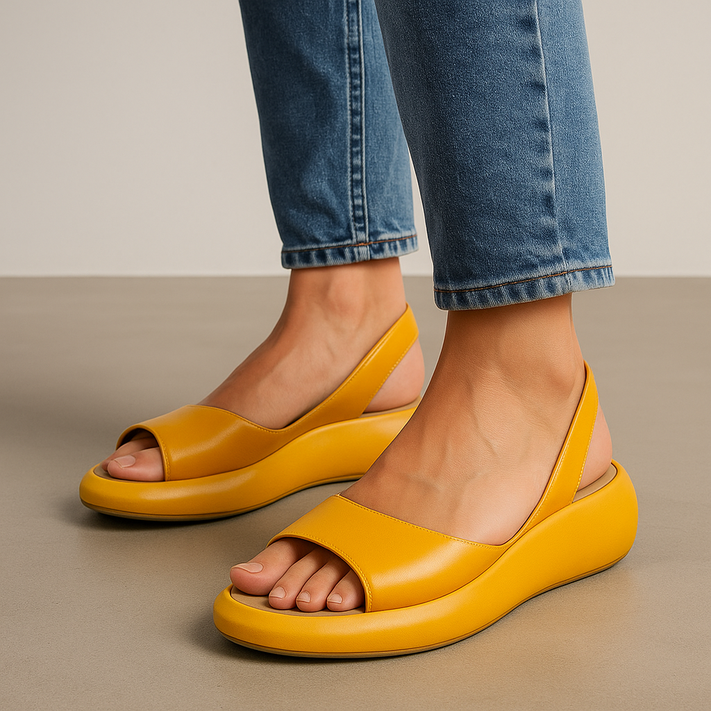 Sandalias de cuña amarillas con punta abierta y sujeción trasera, combinadas con vaqueros.