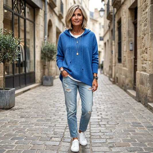 Sudadera azul con capucha y cordones, de corte relajado, combinada con vaqueros desgastados y zapatillas blancas en una calle adoquinada.