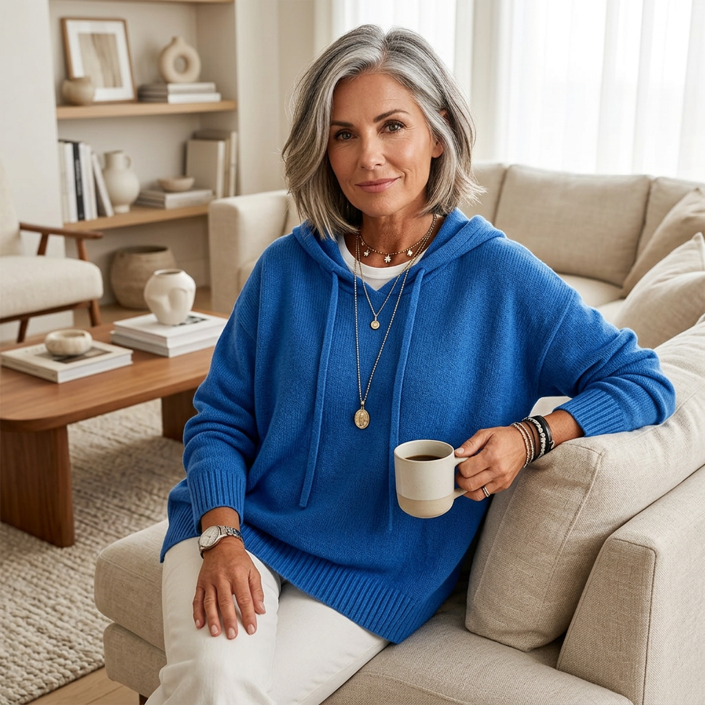 Sudadera azul de corte relajado con capucha y cordones, llevada con pantalón claro mientras se sostiene una taza en un salón.