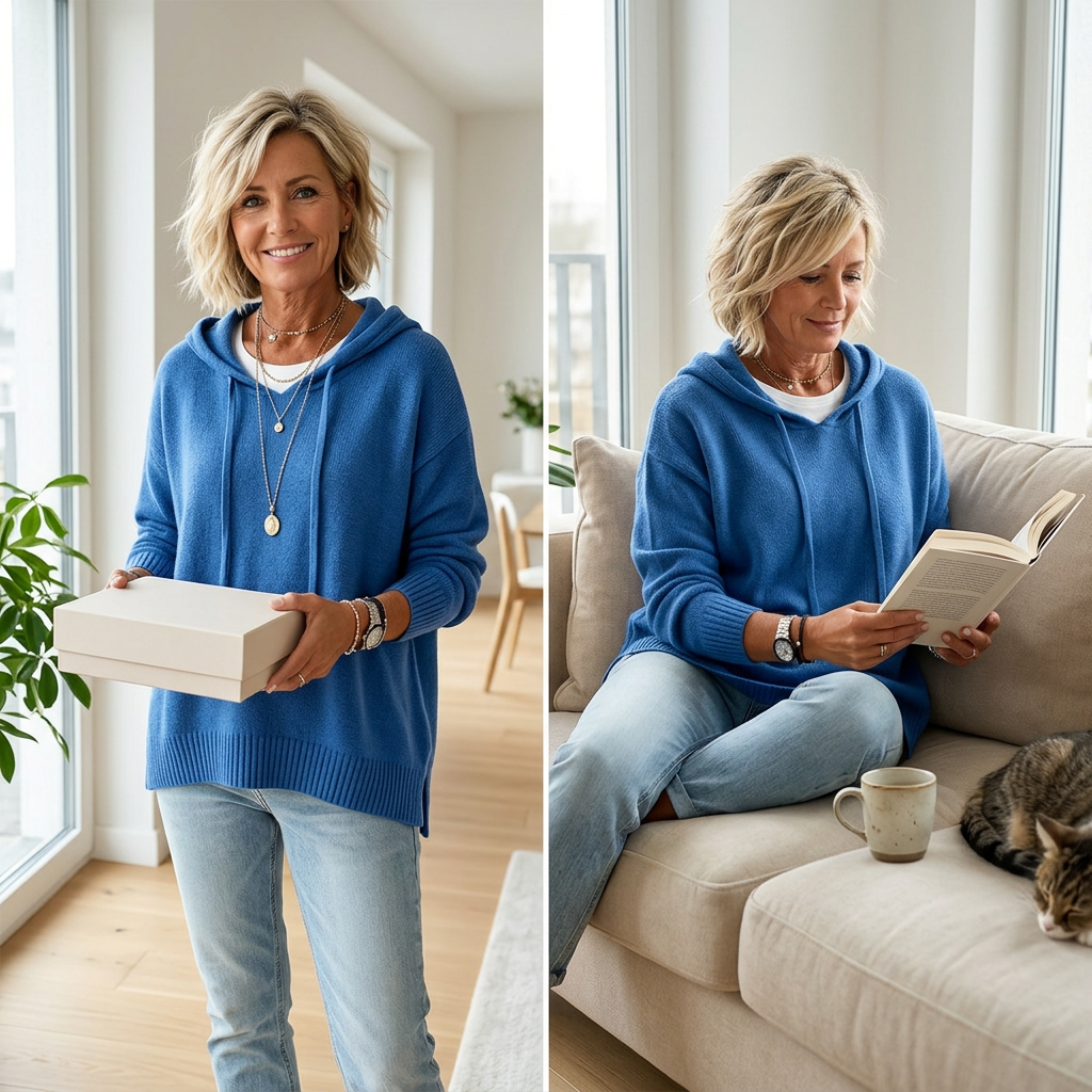 Sudadera azul con capucha mostrada en dos escenas: sosteniendo una caja y leyendo sentada en un sofá.