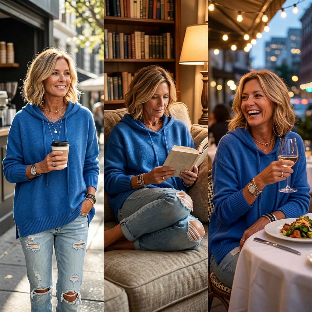 Sudadera azul con capucha presentada en tres situaciones informales: paseando con café, leyendo y cenando.