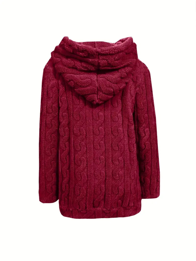 Sudadera burdeos de espalda, con capucha y textura de relieve vertical sobre fondo blanco.