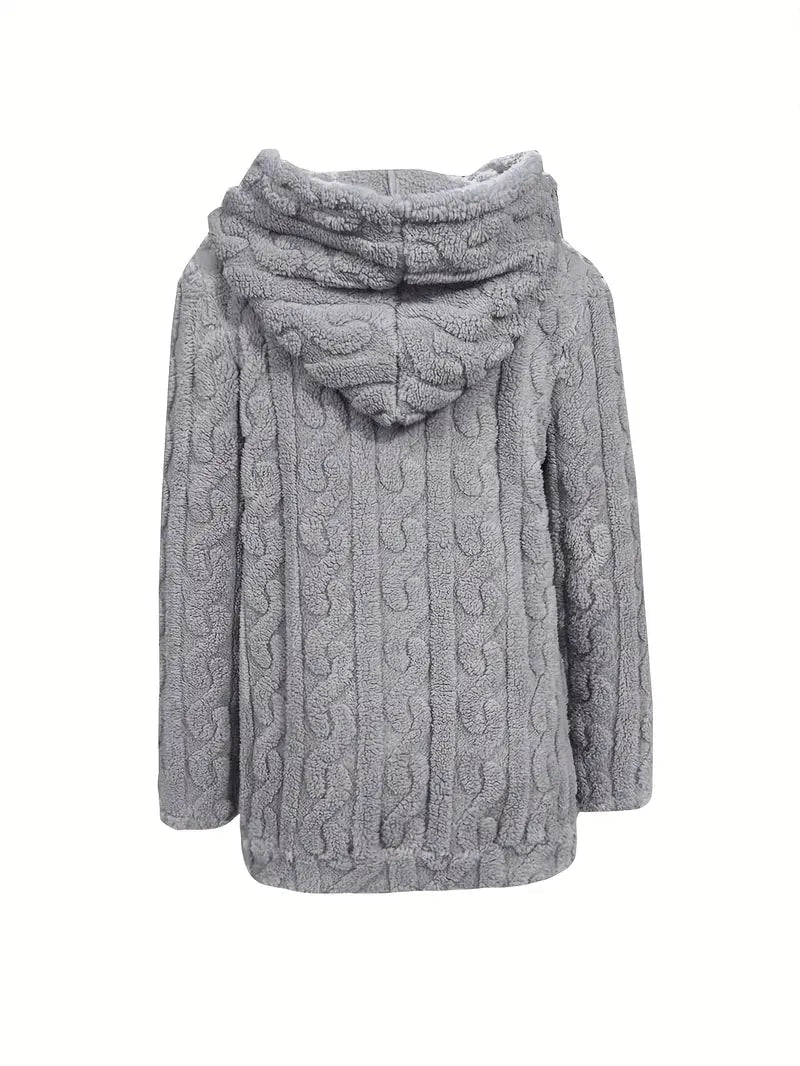 Sudadera gris mostrada por detrás sobre fondo blanco, con capucha amplia y acabado texturizado.