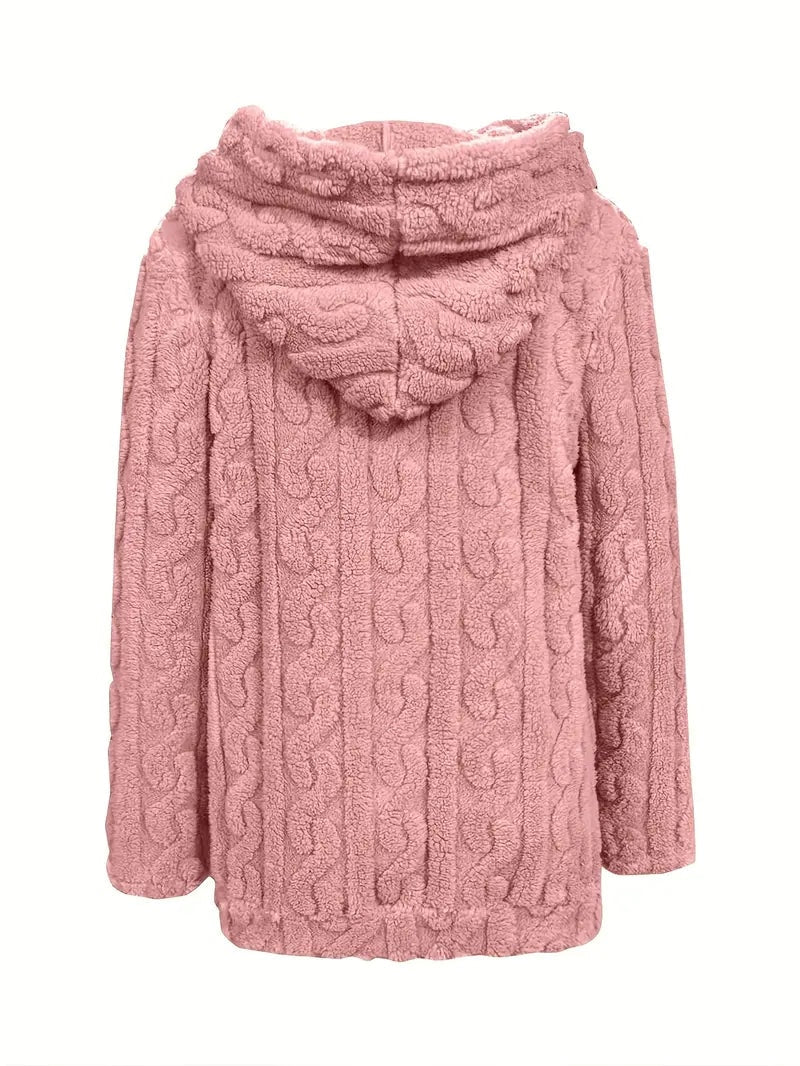 Sudadera rosa vista por detrás sobre fondo blanco, con capucha y textura de relieve ondulado.