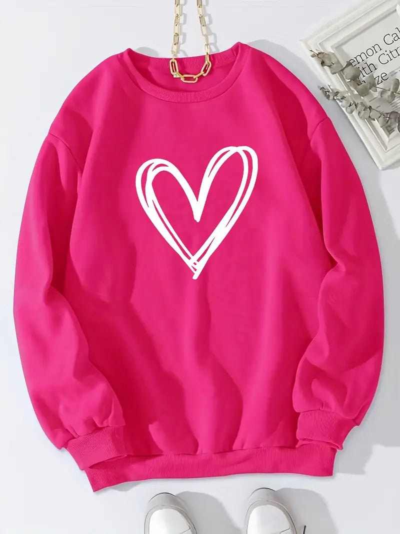 Sudadera fucsia mostrada de frente, con corazón blanco en el centro, cuello redondo, mangas largas y puños de canalé.