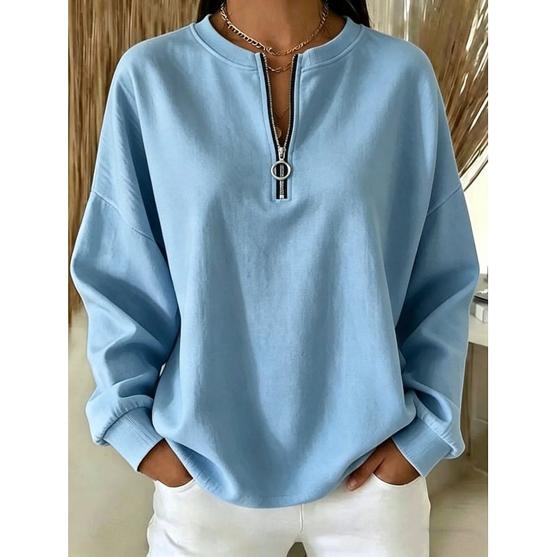 Sudadera holgada azul claro con mangas amplias, puños ajustados y media cremallera con tirador de aro.