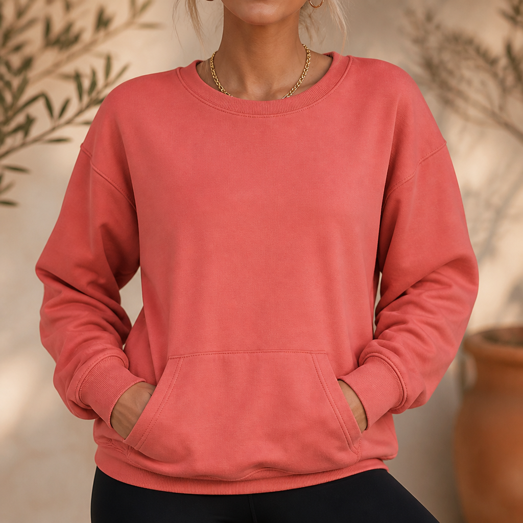 Sudadera oversize coral de cuello redondo y bolsillo canguro, vista frontal con las manos dentro del bolsillo.