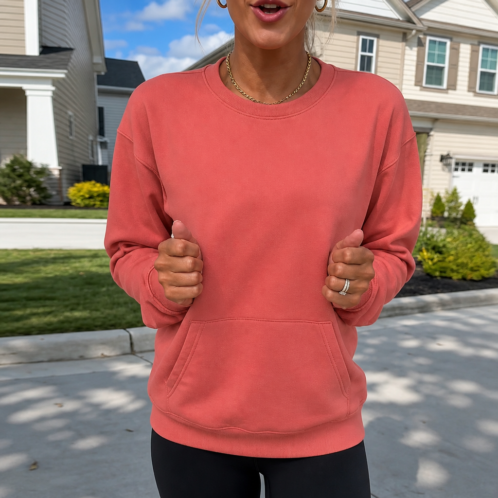 Sudadera coral oversize vista de frente, con el bolsillo canguro y el bajo acanalado destacados.