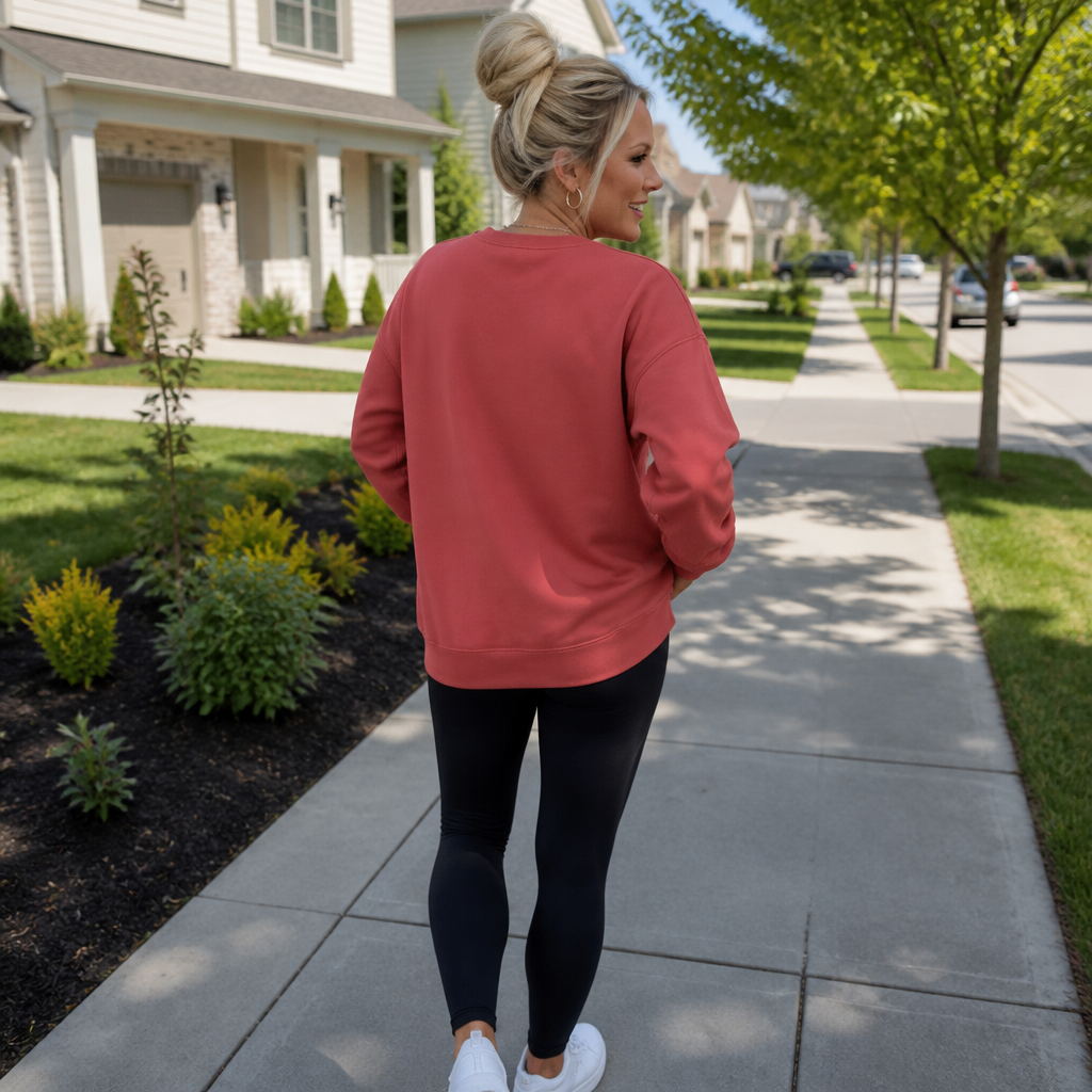 Vista trasera de la sudadera coral oversize durante un paseo por una acera residencial.