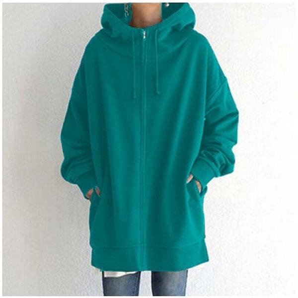 Sudadera oversize turquesa con capucha de cordón, cierre frontal y bolsillos laterales.