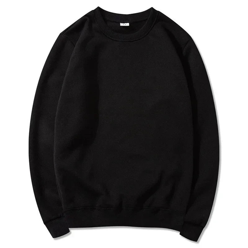 Sudadera negra extendida en vista frontal, con cuello redondo, mangas amplias y bajo ajustado.