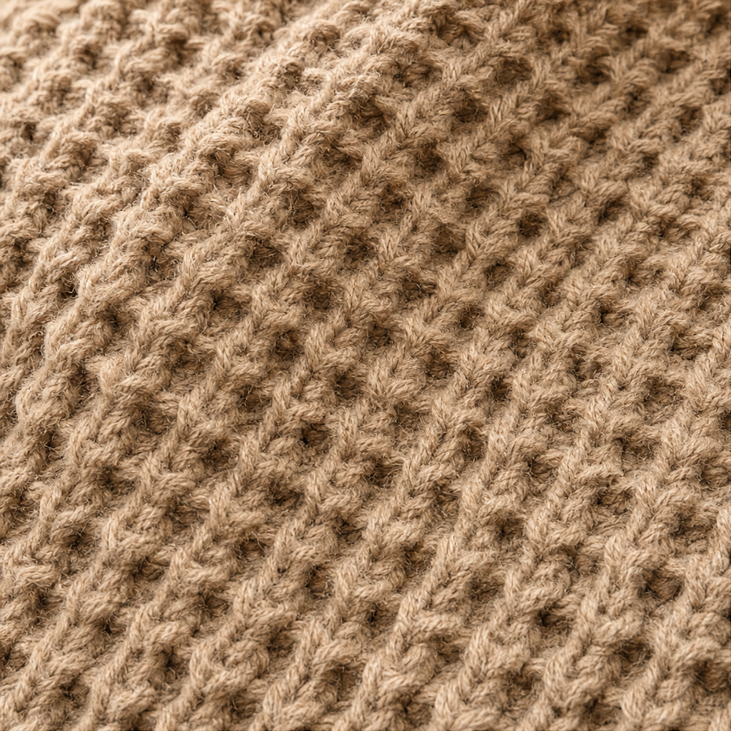 Primer plano de la superficie tejida del suéter marrón, con textura tridimensional y patrón de puntos.
