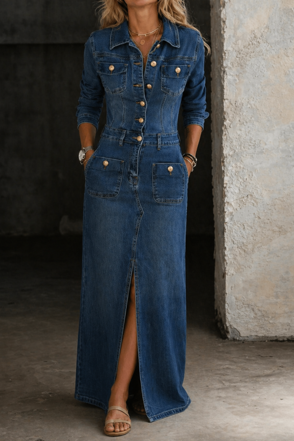 Vestido largo vaquero azul con cuello camisero, botones dorados, mangas largas, bolsillos en el pecho y la falda, cinturón y abertura delantera.