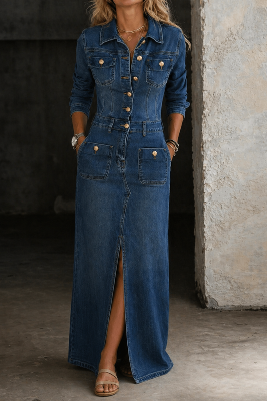 Vestido largo vaquero azul con cuello camisero, botones dorados, mangas largas, bolsillos en el pecho y la falda, cinturón y abertura delantera.