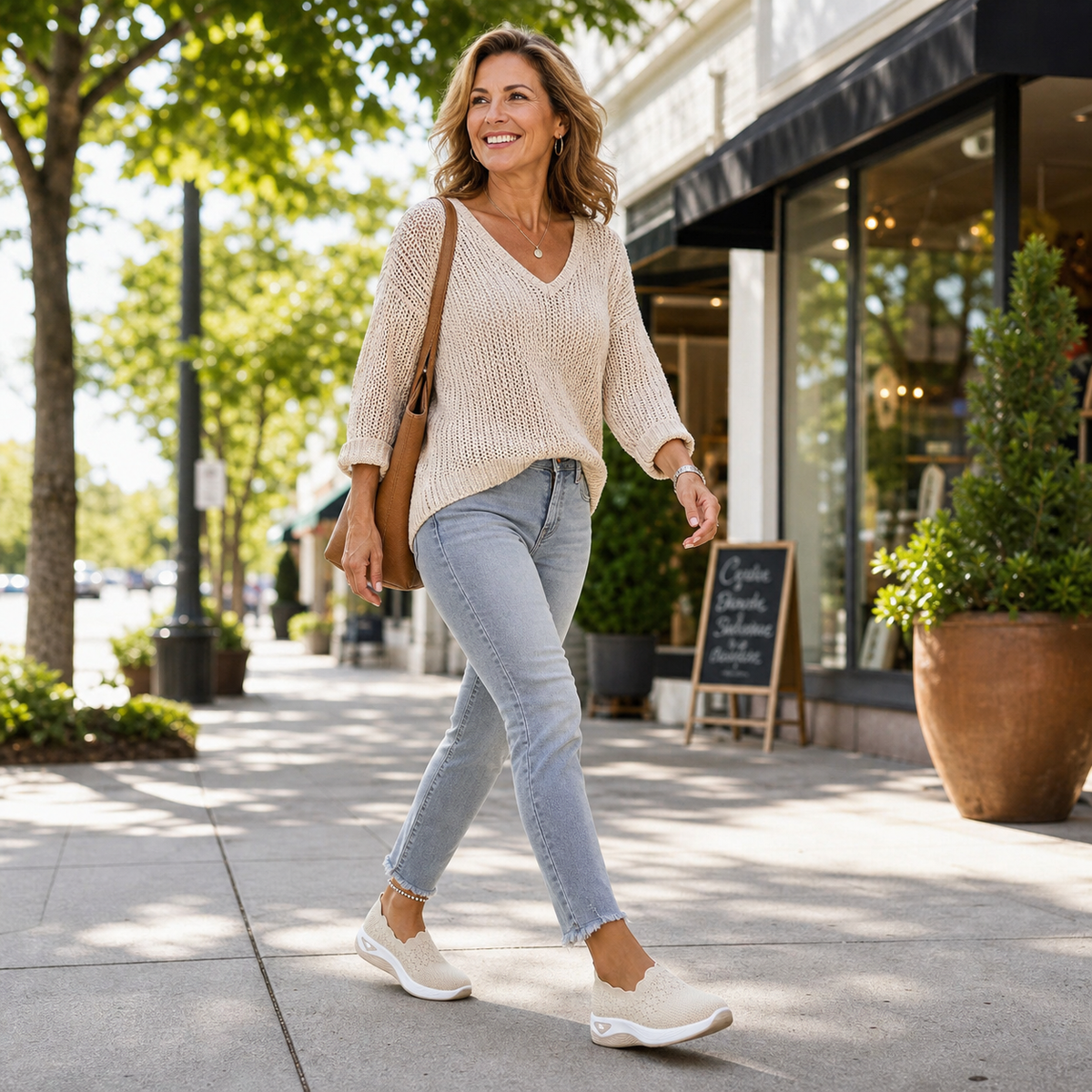 Mujer paseando por una calle comercial con zapatillas slip-on beige y un conjunto informal.